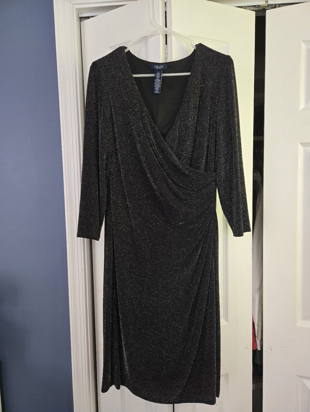 Chaps Sparkle Black Wrap-Style Midi Dress